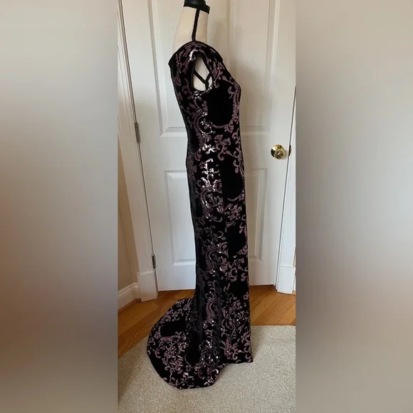 Eliza J. Black 💗 Velvet & Pink Sequin Sleeveless Gown Formal Maxi Dress Sz 6 - Picture 5 of 14